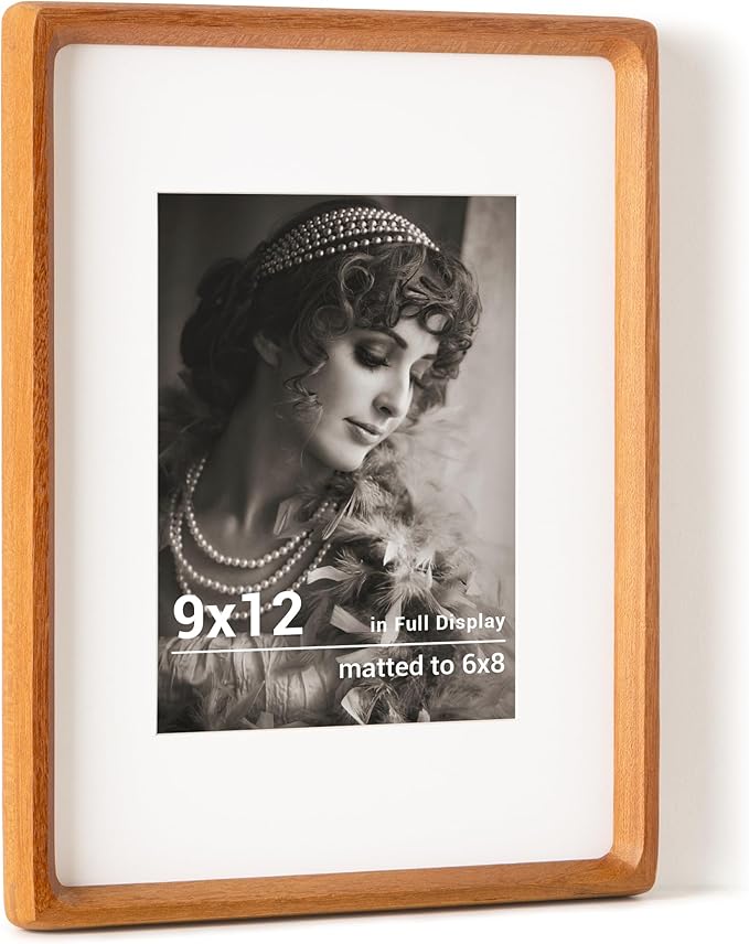 Fun Memories 9x12 Picture Frame, USA-Sourced Teak Wood Photo Frames with HD Tempered Glass, Handcrafted Rounded Corner 9 x 12 Wooden Frames Matted to 6x8 Photos, 9x12 Frame, Tabletop or Wall Display