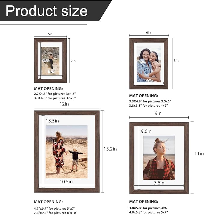Egofine Picture Frame Set 12 Pack, Picture Frames Collage Wall Decor with Two 11x14, Two 8x10, Four 5x7, Four 4x6 for Wall and Tabletop, Made of Solid Wood, Covered by Plexiglass, Rustic Brown
