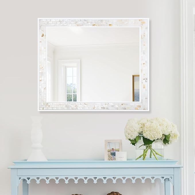 Tanmicoshomy 30 x 30 Inch White Rectangle Wall Mirror, Natural Shell Framed Rectangular Mirrors for Bathroom Bedroom, Living Room, Entryway, Wall Mounted Horizontal or Vertical