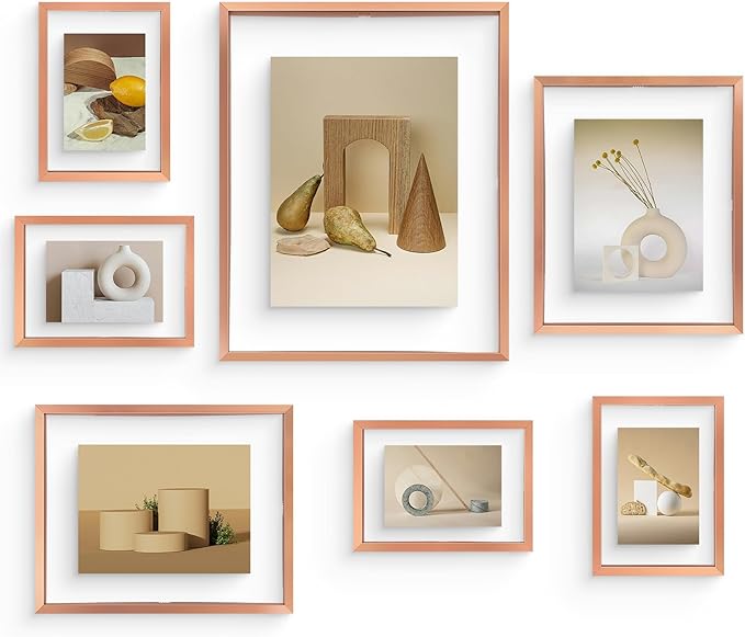Frametory, Floating Picture Frames Set - Rose Gold Metal Photo Frames - Real Glass - Display One 11x14, Two 8x10, and Four 5x7 Inch Photos for Home Decoration