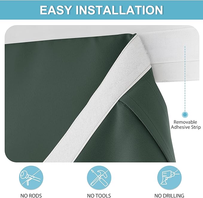 RYB HOME Blackout French Door Curtain - Privacy Thermal Insulated Window Shades for Patio Kitchen Front Entry Back Door Glass Window, Self Adhesive No Drill, 1 Panel, 26" W x 72" L, Dark Green