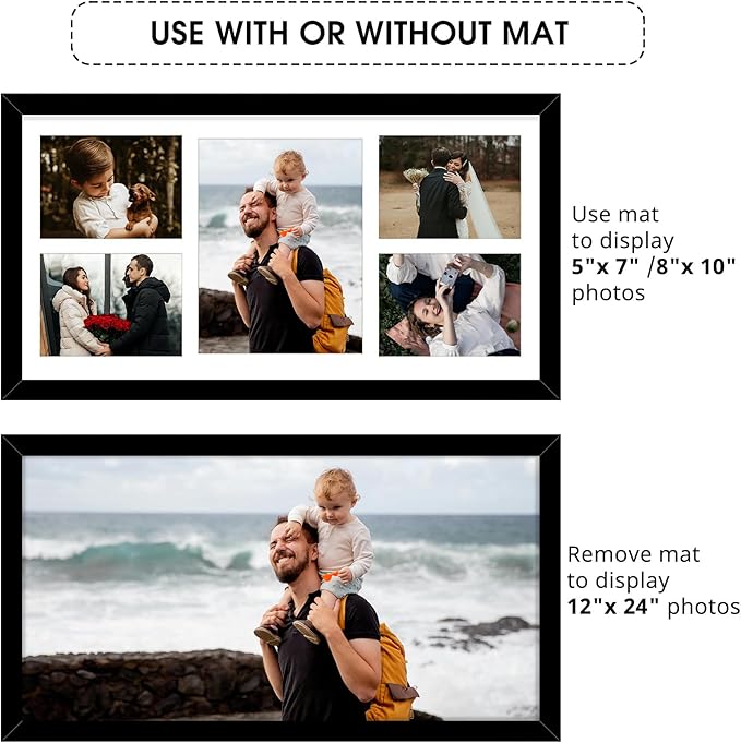 Golden State Art, 12x24 Black Wood Picture Frame - White Mat for 8x10 and 5x7 Photos - Real Glass, Sawtooth Hanger, Swivel Tabs - Wall Mounting - Great for Posters, Weddings, and Engagements