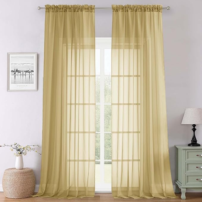 Lecloud Gold Sheer Curtains 120 Inches Long 2 Panels Set, Rod Pockets Light Filtering Curtains for Living Room Bedroom Dining Room, Solid Color Airy Voile Rustic Drapes, Each Panel 59" W x 120" L