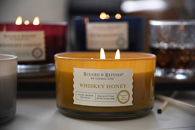 Candle-Lite Scented Candles for Men, Whiskey Honey Fragrance, 16.25 oz Jar, 3-Wick, 51 Hours of Burn Time, Masculine Aromatherapy with Long Lasting Scent, Ideal Gift for Father's Day and Home Decor