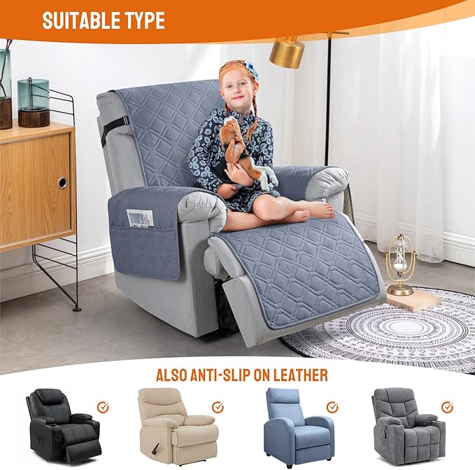 VANSOFY 100% Waterproof Recliner Chair Covers, Recliner Cover Non-Slip Dog Chair Cover Furniture Protector Washable Slipcover with Pocket, Elastic Straps for Pets, Dogs(Slate Gray, 25")