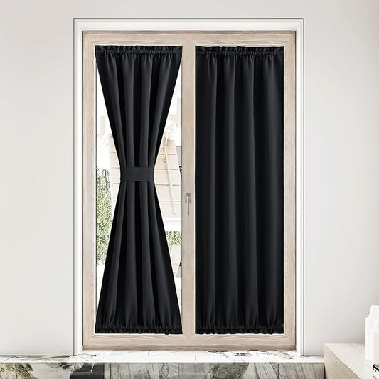 NICETOWN Room Darkening Blackout Window Curtain, Thermal Insulated Solid Color Energy Saving Decorative French Door Curtains for Home Office Living Room 36W x 80L Inch, Black, 1 Panel