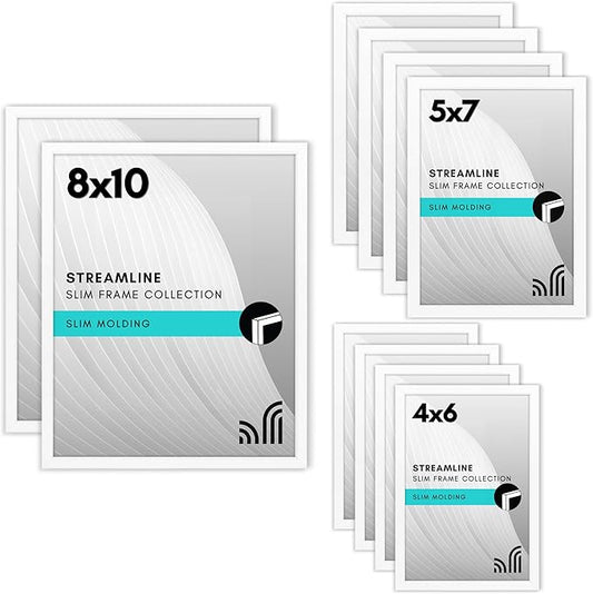 Americanflat Set of 10 Picture Frames with Shatter-Resistant Glass - Gallery Wall Frame Set with Two 8x10, Four 5x7 and Four 4x6 Frames - Streamline Collection - White