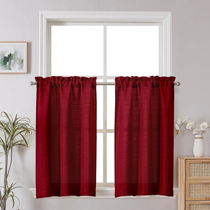 Chyhomenyc Christmas Red Curtains 30 Inch Length, Faux Linen Textured Small Cafe Curtain Tiers, Light Filtering Short Curtains for Bathroom Window, 30x30 Inch, 2PCS