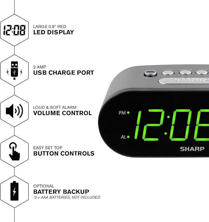 Sharp Digital Alarm Clock with 2A USB Charging and Green LED Display | 2A high-speed USB port; Easy-read green LEDs; Simple controls; Phone or tablet charging; Black - Image 3