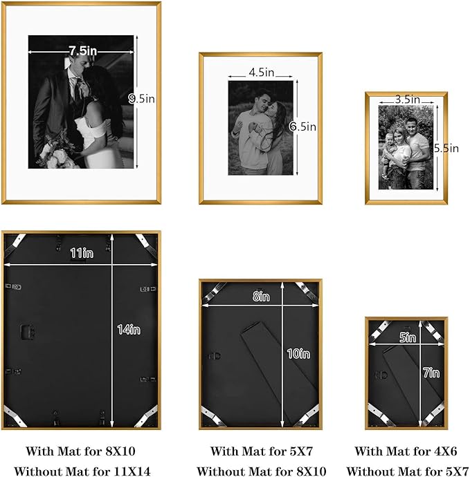 Frametory, Bronze Aluminum Picture Frame with Removable Mat - Set of 7 Includes Four 5x7, Two 8x10, One 11x14 - Real Glass Front - Simple Gallery Wall Frames for Art Prints and Posters