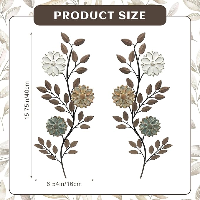 MorningRo 2 Pcs Metal Flower Leaves Wall Art Spring Wall Decor Living Room, 15.75 Inch Vintage Rustic Branch Leaf Wrought Iron Scroll Art Decor for Spring Bedroom Indoor Outdoor Decorations(Brown)