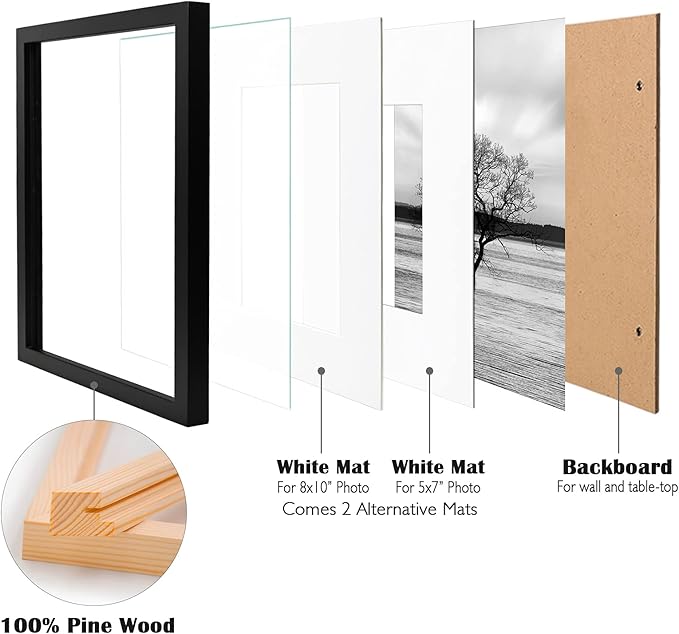 Egofine 11x14 Picture Frames Made of Solid Wood 2 PCS Black Covered by Plexiglass - for Table Top and Wall Mounting for Pictures 8x10 or 5x7 with Mat Horizontally or Vertically Display Photo Frame
