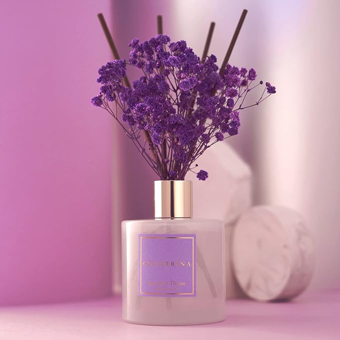 Cocorr??na Premium Reed Diffuser Set with Preserved Baby's Breath & Cotton Stick Lavender Thyme | 6.76 Fl.oz Scent Diffuser for Bedroom Bathroom Home D??cor