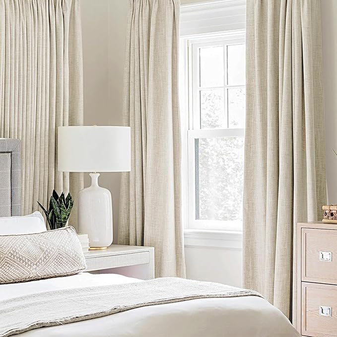 MIULEE 100% Blackout Linen Textured Curtains for Bedroom Solid Thermal Insulated Cream Grommet Room Darkening Curtains & Drapes Luxury Decor for Living Room Nursery 52 x 84 Inch (2 Panels)