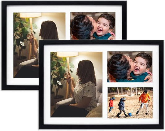Golden State Art, Set of 2, 12x17 Black Wood Picture Frame - White Mat for 8x10 And 5x7 Photos - Tempered Glass, Sawtooth Hanger, Swivel Tabs - Wall Mounting - Great for Gift