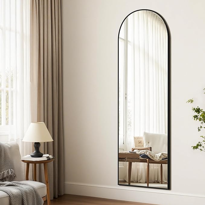 TRAHOME Arched Full Length Mirror, 56"x15" Standing Body Mirror for Wall, with Aluminum Alloy Frame for Bedroom, Living Room, Dressing Room(Black)