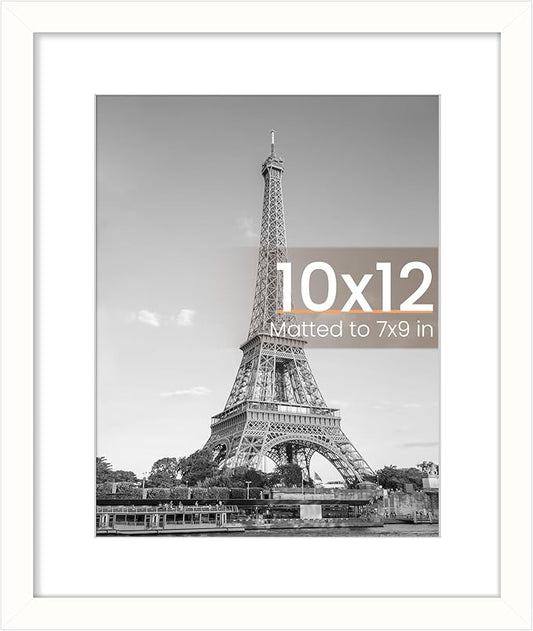 upsimples 10x12 Picture Frame, Display Pictures 7x9 with Mat or 10 x 12 Without, Wall Hanging Photo Frames, White, 1 Pack
