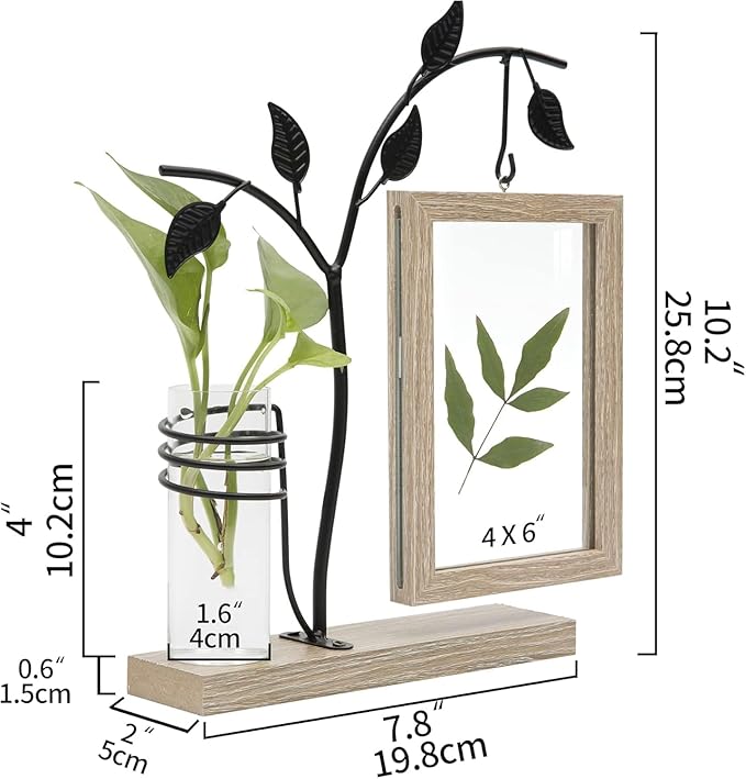 AKAZA 4x6 Picture Frames Family Desk Office Rustic Photo Frame, Water Plants Flowers Floating Double Glass Vase Tabletop Standing Home Decor, Wedding Grandma Mother Mom Gift (Light Brown)