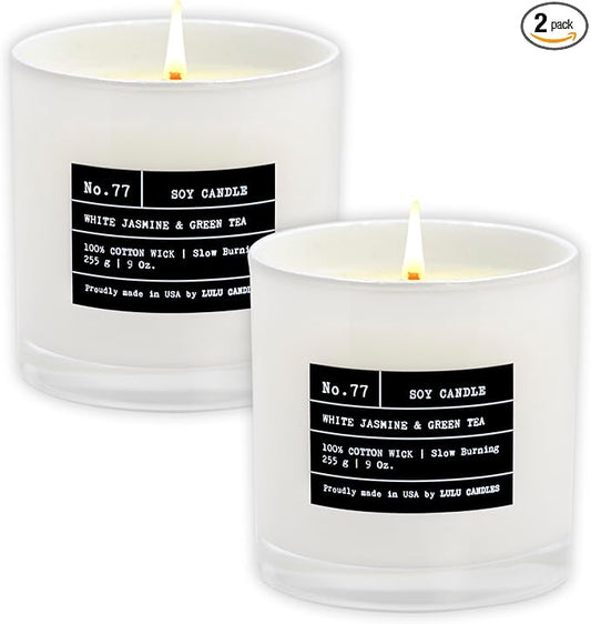 Lulu Candles | White Jasmine & Green Tea | Luxury Scented Soy Jar Candle | Hand Poured in The USA | Highly Scented & Long Lasting (9 Oz. 2 Pack)