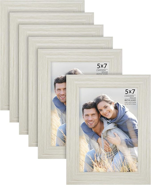 Langdon House 5x7 Picture Frames (Almond White, 6 Pack) Woodgrain Style, Wall Mount or Table Top, Richland Collection