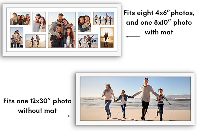 Americanflat 12x30 Collage Picture Frame with Polished Plexiglass - Multi Picture Frames Fit One 8x10 and Eight 4x6 Photos or Use as One 12x30 Frame - Signature Collection - White