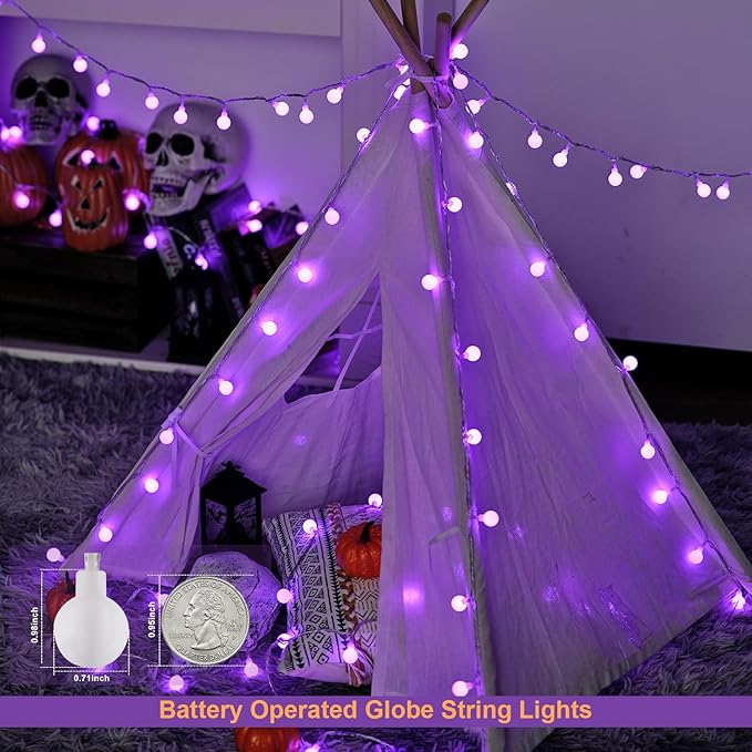 JMEXSUSS 100 LED Purple Globe String Lights Battery Operated, 33ft 8 Modes Indoor Christmas Lights with Remote, Battery Powered Fairy Lights Outdoor for Room Bedroom Party Patio Yard Decor