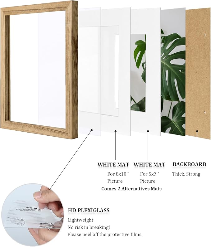 Egofine 11x14 Picture Frames Made of Solid Wood 2 PCS Carbonized Brown Covered by Plexiglass - for Table Top and Wall Mounting for Pictures 8x10 or 5x7 with Mat Horizontally or Vertically Display