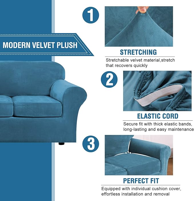 H.VERSAILTEX Real Velvet Plush 3 Piece Stretch Sofa Covers Couch Covers for 2 Cushion Couch Loveseat Covers Width Up to 72 Inch Thick Soft Stay in Place (Medium Sofa, Peacock Blue)