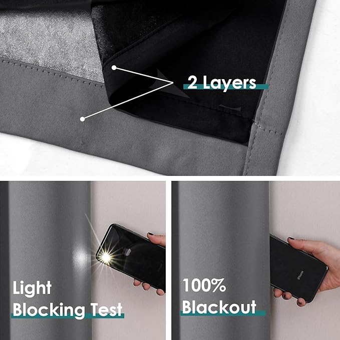 ChrisDowa 100% Blackout Curtains 120 inch Long for Bedroom with Black Liner, 2 Thick Layers Total Blackout Thermal Insulated Grommet Long Window Curtains 2 Panels Set (Grey, 52 x 120 Inch)