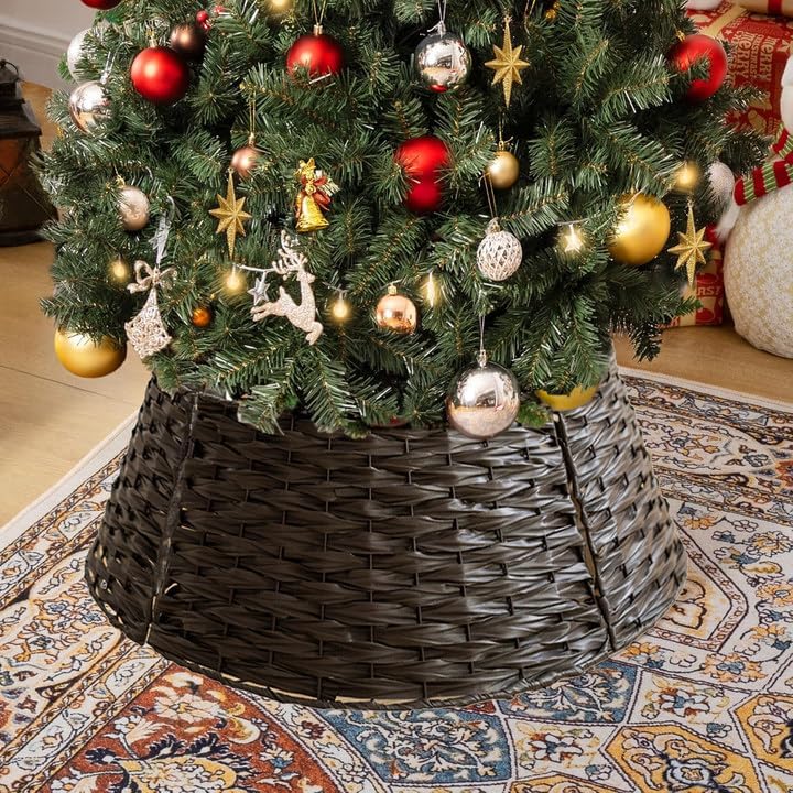 belupai Wicker Christmas Tree Skirts Collar Rings, Artificial Rattan Christmas Tree Skirt Stand Farmhouse Xmas Tree Collar for Artificial Christmas Trees Decoration(Coffee,L) by BELUPAI