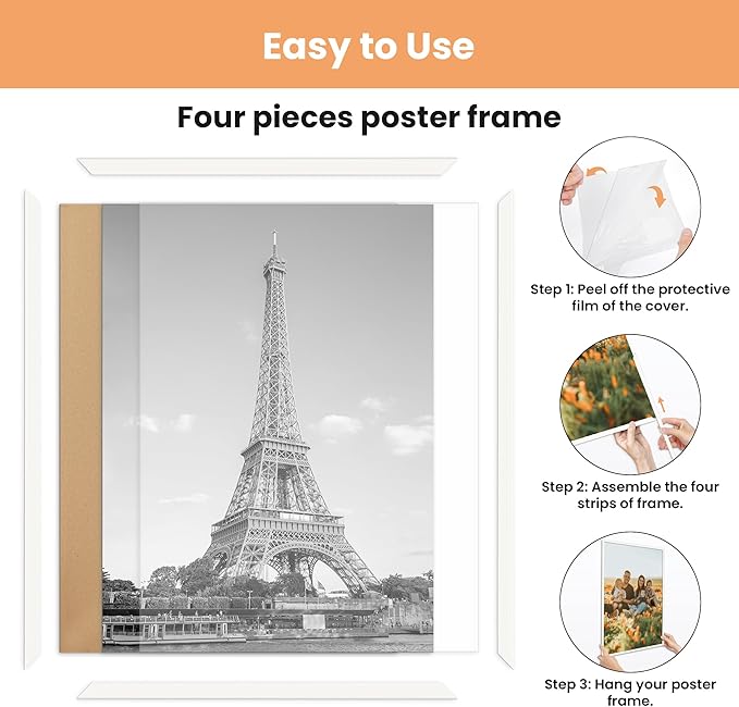 upsimples 18x24 Picture Frame White 3 Pack, Scratch-Proof Poster Frames 18 x 24 for Photo Gallery - Slide-In Strips, Horizontal or Vertical Wall Mounting
