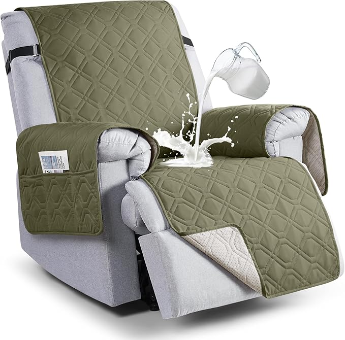 VANSOFY 100% Waterproof Recliner Chair Covers, Recliner Cover Non-Slip Dog Chair Cover Furniture Protector Washable Slipcover with Pocket, Elastic Straps for Pets, Dogs(Olive Green, 23.6")