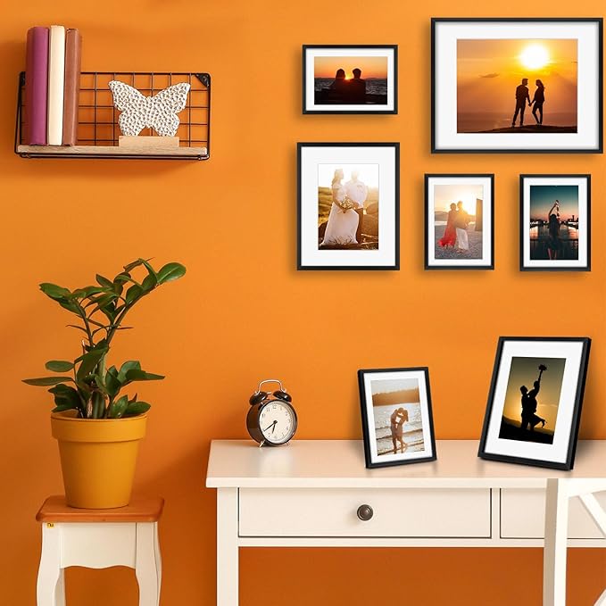 Frametory, Black Aluminum Picture Frame with Removable Mat - Set of 7 Includes Four 5x7, Two 8x10, One 11x14 - Real Glass Front - Simple Gallery Wall Frames for Art Prints and Posters