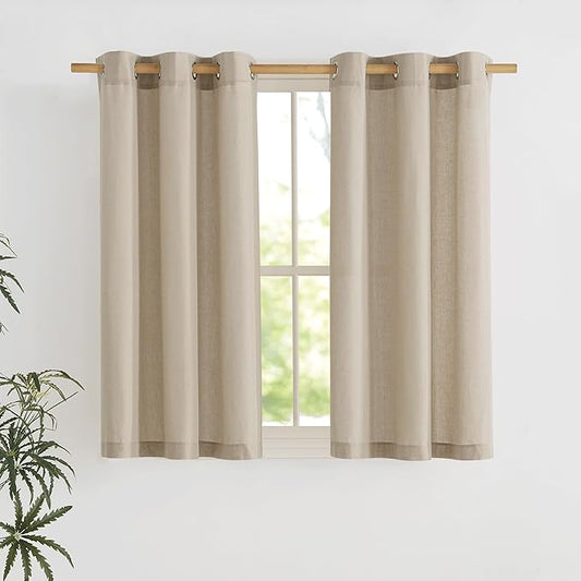 NICETOWN Angora Short Linen Curtains for Kitchen, Thick Flax Small Window Treatments Semi Sheer Privacy Assured with Light Through for Cafe/Bathroom, W42 x L48, 2 Panels
