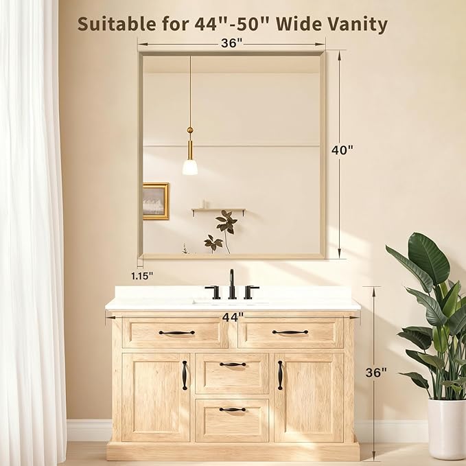 Oak Wood Effect Framed Wall Mirror, 36x40 Rectangle Mirror, Anti-desilvering Tempered Glass, Sustainable& Sturdy Frame, Farmhouse Mirror, Anti-Rust, 3min Fast Setup for Bathroom Living Room