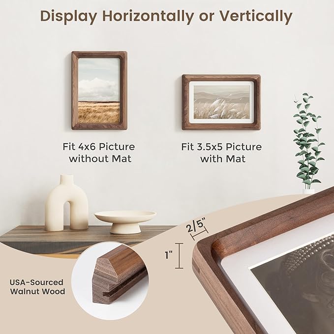 Fun Memories 4x6 Picture Frame, USA-Sourced Walnut Wood Photo Frames with HD Tempered Glass, Handcrafted Rounded Corner 4 x 6 Wooden Frame Matted to 3.5x5 Photos, 4x6 Frames, Tabletop or Wall Display