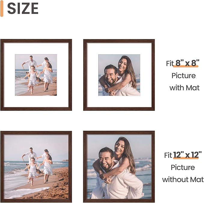 upsimples 12x12 Picture Frame, Display Pictures 8x8 with Mat or 12 x 12 Without, Wall Hanging Square Frames, Brown, 1 Pack