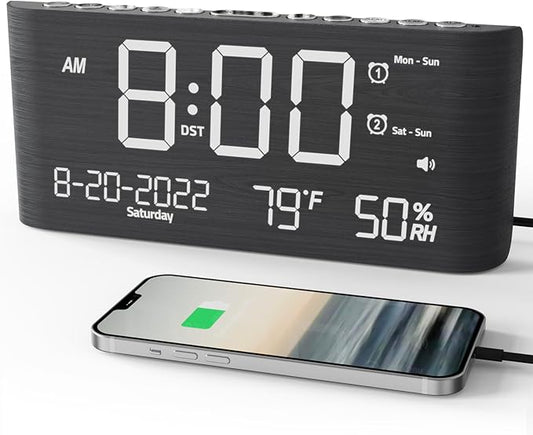 Raynic Alarm Clock, 8.7 Inch Digital Clock, Alarm Clock with USB and Type-C Charger,Dual Alarms,Temperature, Humidity,Date, 5 Adjustable Volume and 5 Dimmer for Bedroom Living Room Office (Grey)