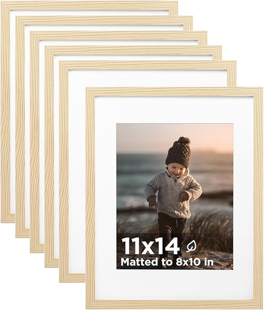 KINLINK 11x14 Picture Frame Set of 6, Wooden 14x11 Photo Frames with Plexiglass for 8x10 Picture with Mat or 11x14 Without Mat, Collage for Wall Gallery and Tabletop Display, 11 x 14 Frame Wood Grain