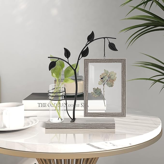 Sapowerntus 4x6 Picture Frames Family Desk Office Rustic Photo Frame, Water Plants Flowers Floating Double Glass Vase Tabletop Standing Home Decor, Wedding Grandma Mother Mom Gift