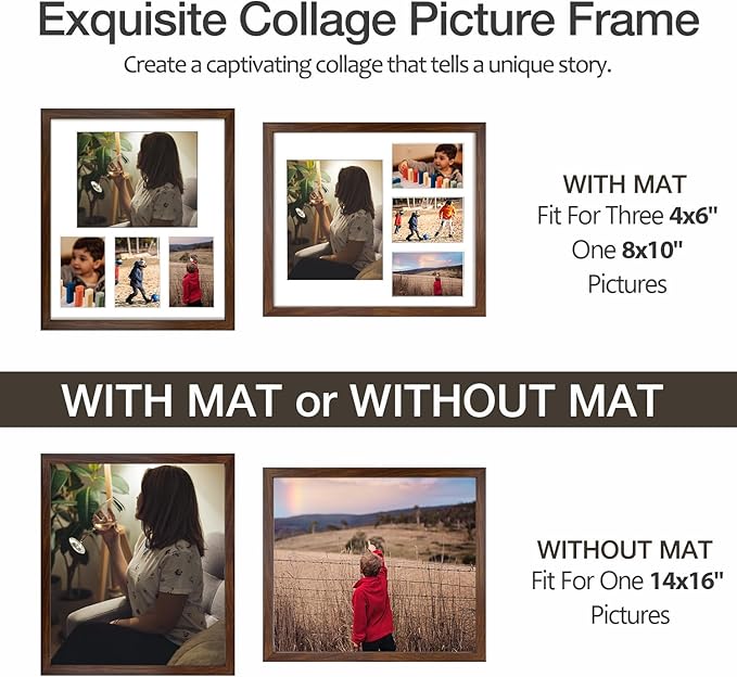 Golden State Art 14x16 Brown Wood Picture Frame - White Mat for 8x10 and 4x6 Photos - Real Glass, Sawtooth Hanger, Swivel Tabs - Wall Mounting - Great for Posters, Weddings, and Engagements