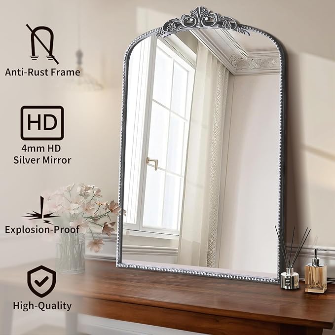 Micasso Vintage Traditional Silver Mirror: 36"x24" French Baroque Antique Mirror - Ornate Decorative Arched Mirrors for Wall/Bathroom/Entryway/Fireplace/Hallway - Home Decor for Living Room
