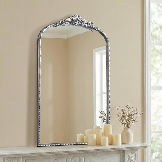 Micasso Vintage Arched Silver Mirror: 31"x19" French Baroque Antique Mirror - Traditional Ornate Decorative Mirrors for Wall/Bathroom/Entryway/Fireplace/Hallway - Home Decor for Living Room