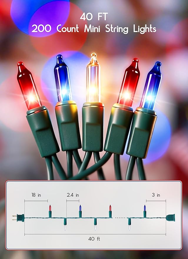 4th of July Decoration Patriotic Mini String Lights - 200 Count 40 Feet Red White Blue Christmas Lights Green Wire Waterproof for Indoor Outdoor Xmas Holiday Party Patio Independence Day Decoration