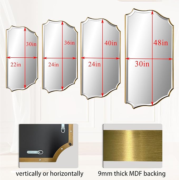 POZINO Scalloped Beveled Mirror, 24"x40" Brushed Gold Bathroom Vanity Mirrors for Over Sink, Modern Wavy Rectangle Wall Mirror for Living Room Bedroom Entryway, Horizontal or Vertical Hanging