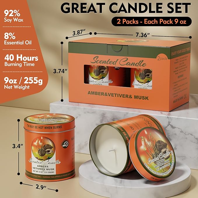 2 Pack Scented Candles (90 Total Burn Hours) - Soy Wax Candles 9 oz Each in Tin - Long Lasting Aromatherapy Candle Gift Set (Amber Vetiver Musk)