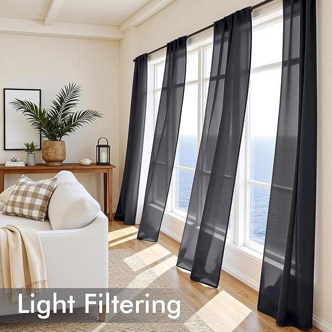 MIULEE Black Sheer Curtains 72 Inches Long, 4 Panels Set, Light Filtering Halloween Rod Pocket Voile Drapes for Living Room and Bedroom, Airy Soft Fabric Window Treatments, 54 x 72 Inches