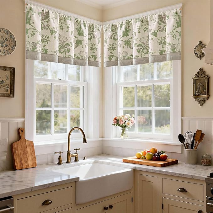 jinchan Linen Valance Curtain Farmhouse Window Decor Floral Print for Kitchen Living Room Double Layer Blackout Valance 18 Inches Rustic Window Treatment 1 Panel Rod Pocket Geen on Beige