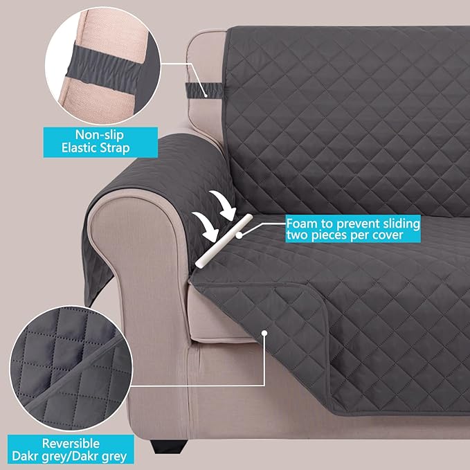 U-NICE HOME Recliner Chair Covers Reversible Chair Cover Pet Covers for Dogs with Elastic Straps Water Resistant Diamond Quilted (28''Recliner Oversized, Dark Grey/Dark Grey)