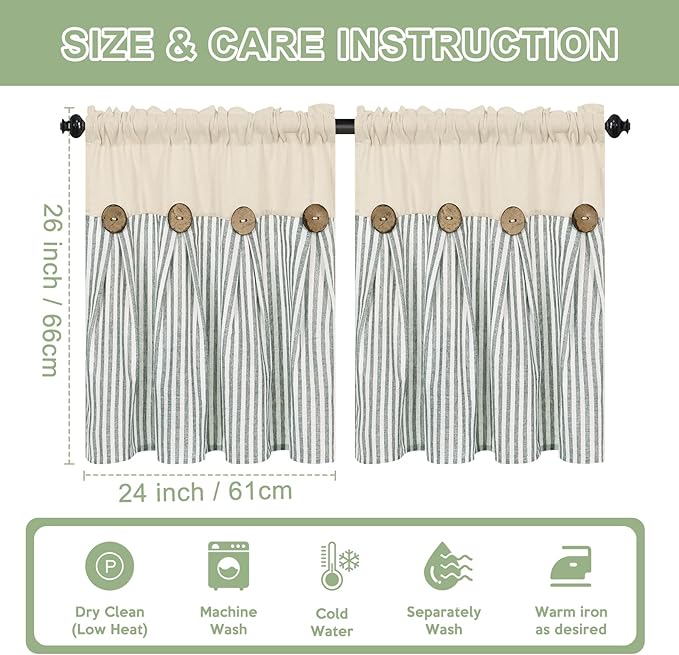 ASPMIZ Cotton Linen Kitchen Curtains 24 Inch Length Tier Curtain for Small Window Treatment, Boho Button Half Window Curtain Farmhouse, Green Stripe Rod Pocket Short Curtains for Window, 2 Panels